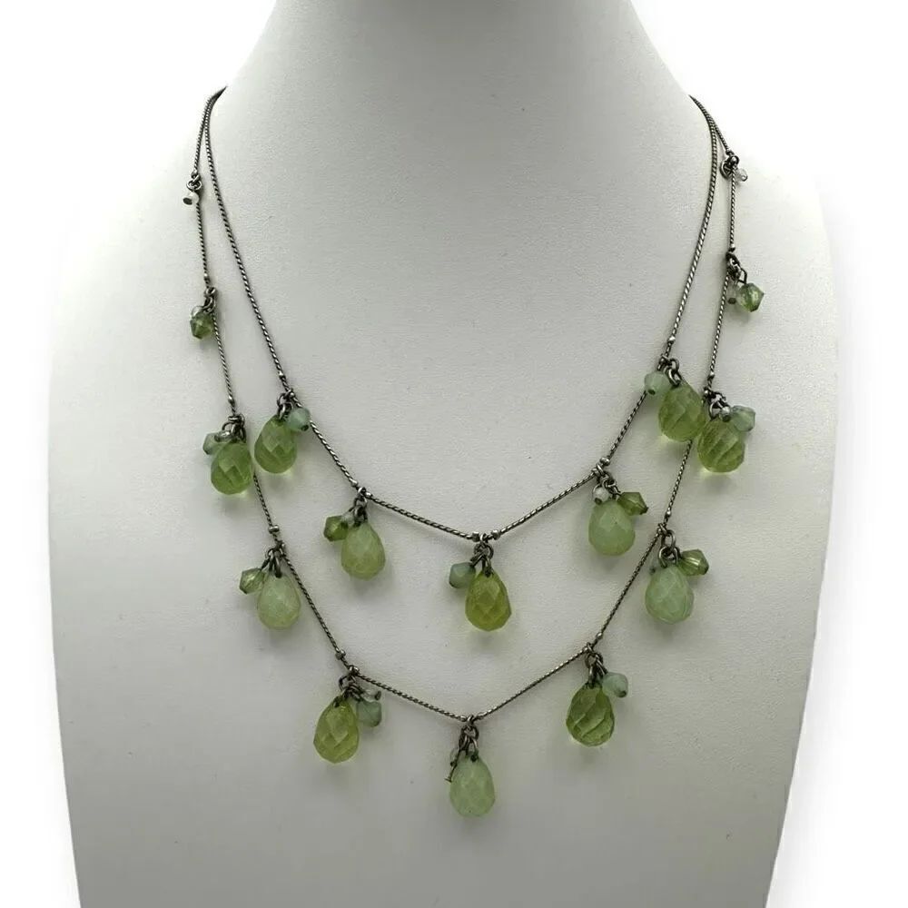 2 tier collar necklace, clear light green beads on a chain 16 inches